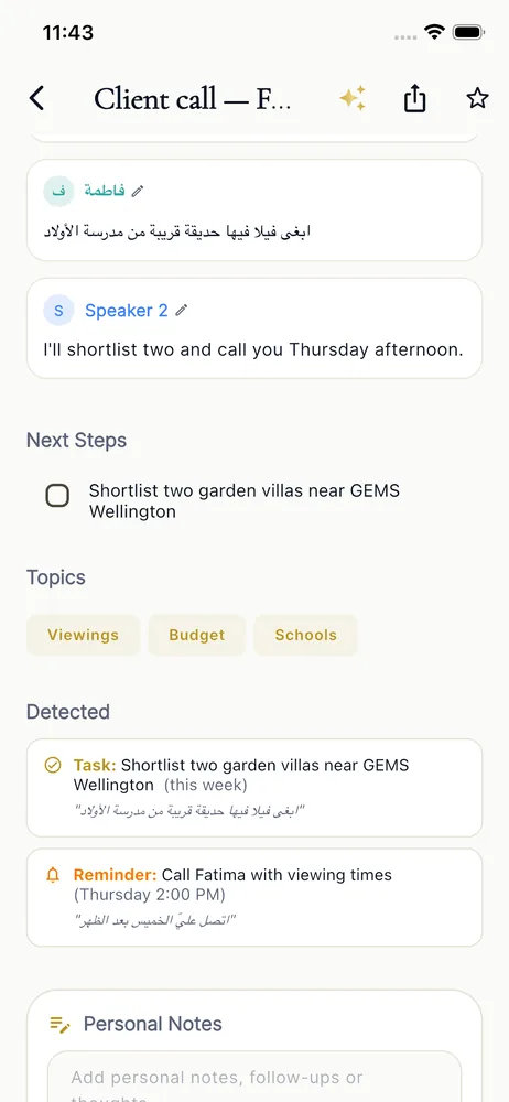 The 11:30 AM client call: an Arabic speaker turn, next steps, and a detected task and reminder with the exact quotes