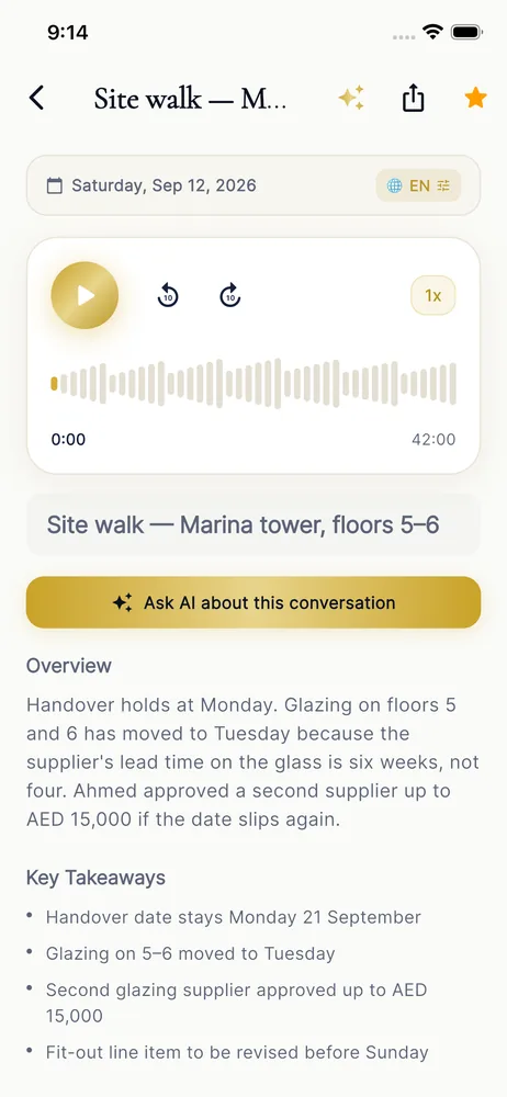 The 9:05 AM site walk recording: player, overview and key takeaways