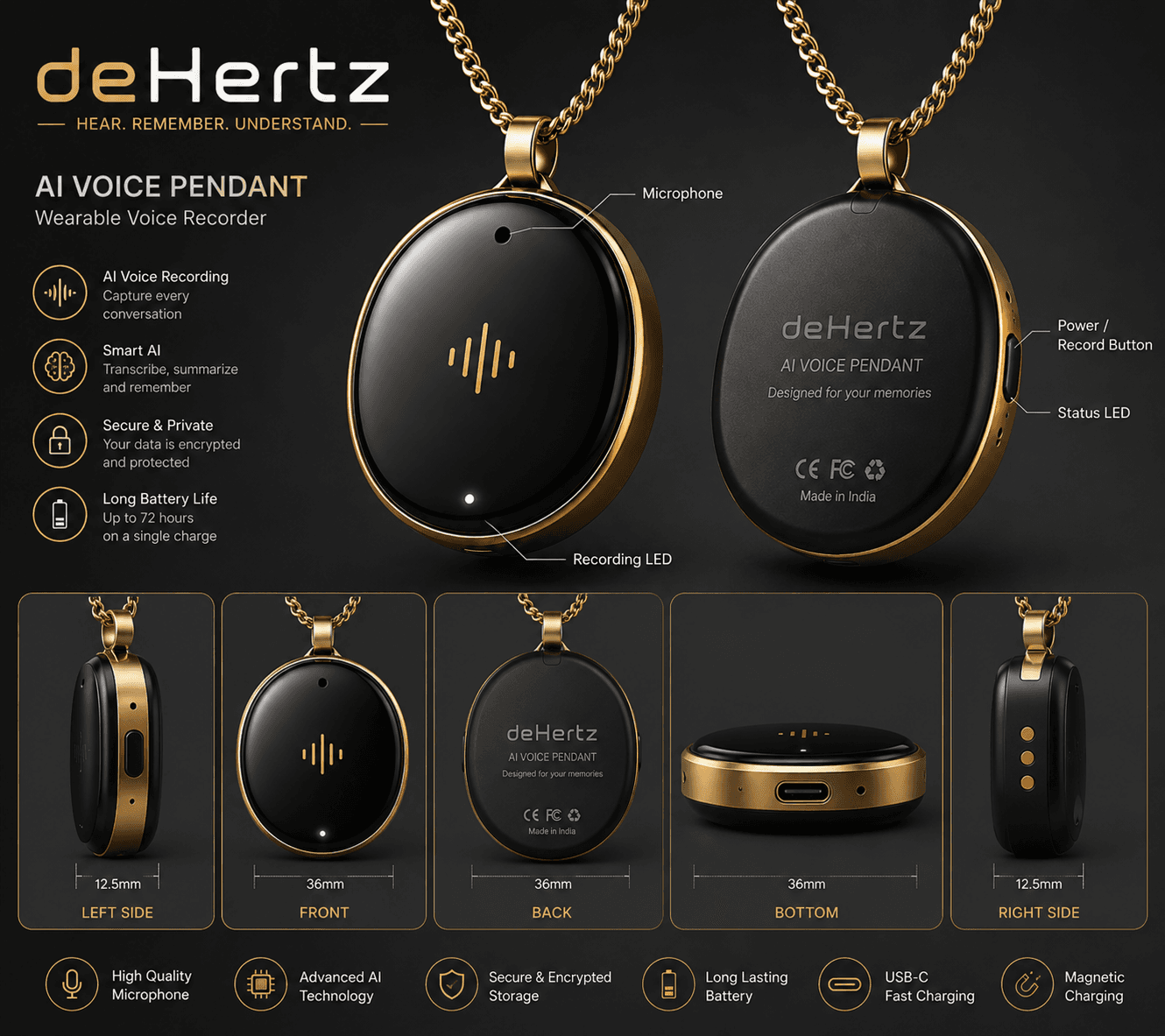 Pendant detail — microphone, power button, status light and dimensions