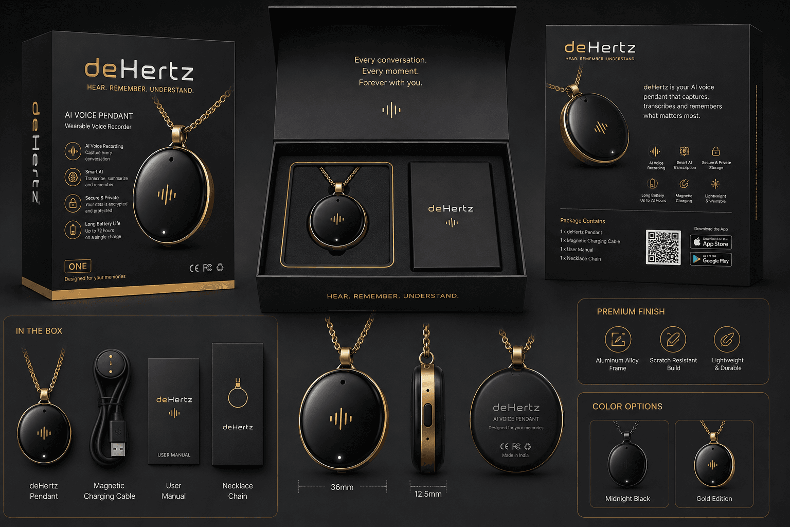 What's in the box — pendant, charging cable, manual and chain