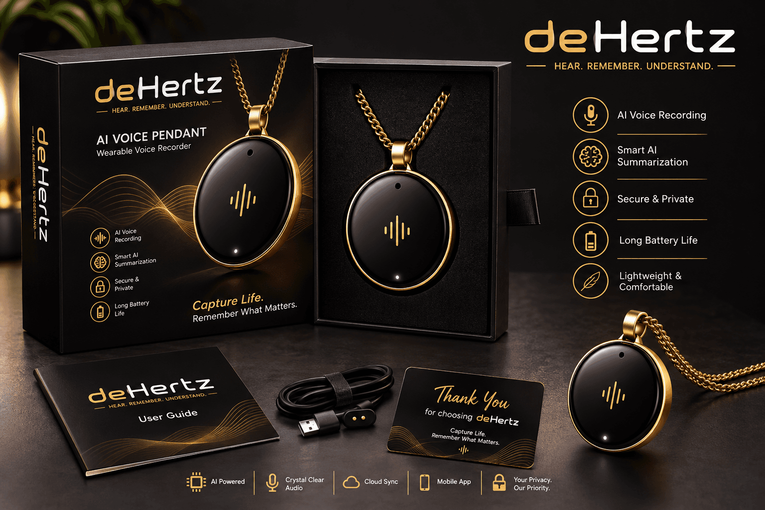 The deHertz pendant with its chain and packaging
